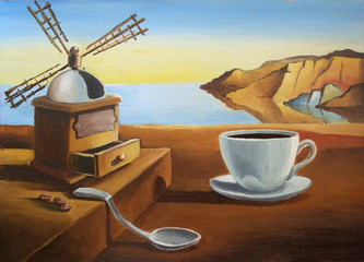 Breakfast on the beach.
Metaphysical landscape with a cup of coffee. imitation painting Dali. Illustration, oil, cardboard.