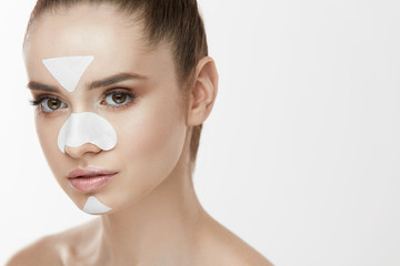 Skin Cleansing. Girl With Patches On Forehead, Nose And Chin