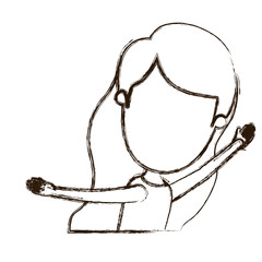 blurred thick silhouette caricature faceless side view half body girl with long wavy hair and hands up vector illustration