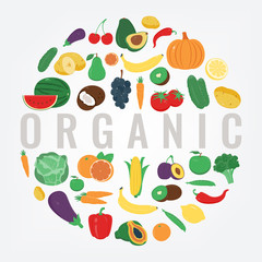 Organic food. Fruits and vegetables. Healthy eating concept. Vector