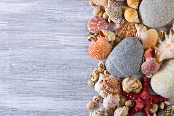 Beach accessories on wooden board