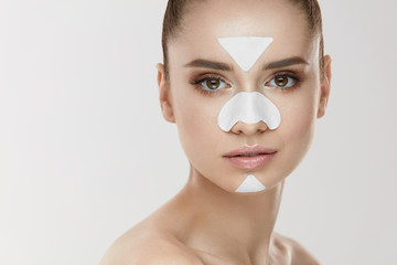 Skin Cleansing. Girl With Patches On Forehead, Nose And Chin