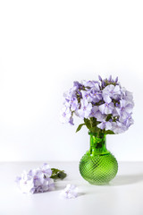 Bouquet of blue phlox in a green glass vase on isolated white background.