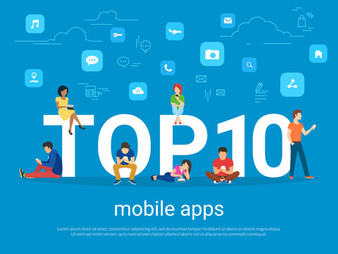 Top 10 mobile apps flat concept illustration of young people using smart phones for reading news and texting message to friends. Mobile apps rating blue banner for website and social networks blog