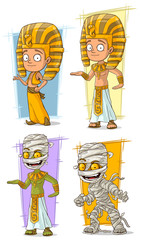 Cartoon egyptian young pharaoh and mummy character vector set