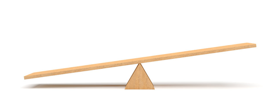 3d rendering of a light wooden seesaw with the left side leaning to the ground on white background.