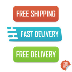 Free shipping, fast delivery and free delivery buttons. Isolated buttons for website or mobile application.