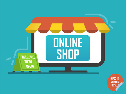 Online shop illustration. Laptop with awning for website or mobile application.