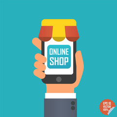 Online shop illustration. Smartphone with awning in hand for website or mobile application.