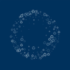 Soap bubbles. Round frame with soap bubbles on deep blue background. Vector illustration.