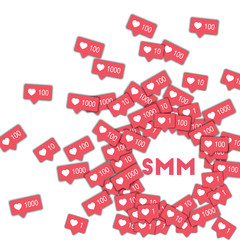 SMM. Social media icons in abstract shape background with pink counter. SMM concept in cool vector illustration.