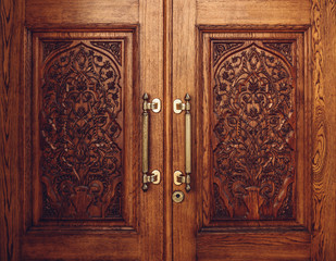 Wooden Door Carved with Floral Ornament.