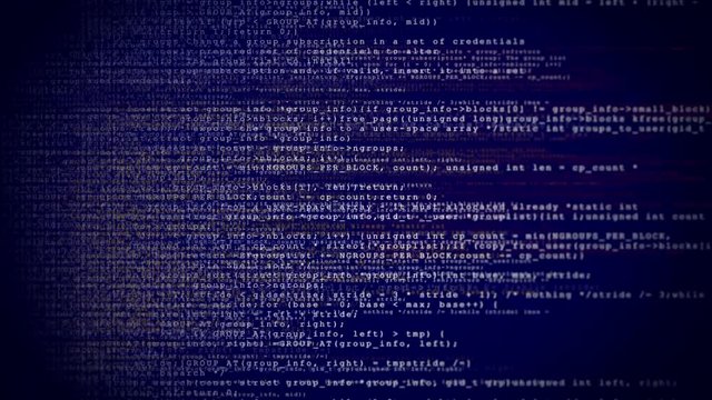 Looping Digital computer Data Code Text.Hacking techno text on blue background.