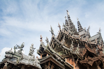 Details of Sanctuary of Truth temple (Prasat Satchatham),handmade reliefs and sculptures, Pattaya,...