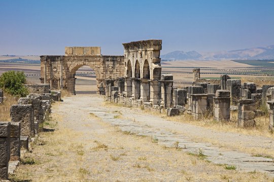 The Decumanus Maximus, the main street of Volubilis, Meknes, Marocco