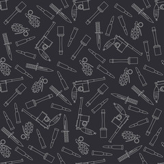 Seamless line pattern with military equipment icons. Vector illustration. Elements for design. Ww2 army weapons collection. Graphic texture for design and wallpaper. Monochrome war pattern.