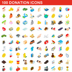 100 donation icons set, isometric 3d style