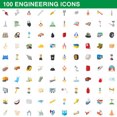 100 engineering icons set, cartoon style