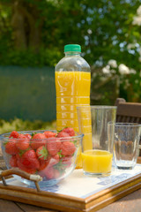 Strawberries with bottle of orange juice on the table in the garden