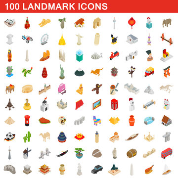100 landmark icons set, isometric 3d style