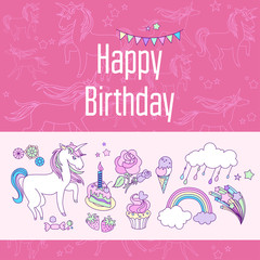 Happy birthday holiday card with rainbow, ice-cream, unicorn, cloud and fireworks