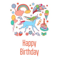 Happy birthday holiday card with sweets, stars, rainbow, ice-cream, unicorn, cloud and fireworks