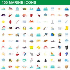 Fototapeta premium 100 marine icons set, cartoon style
