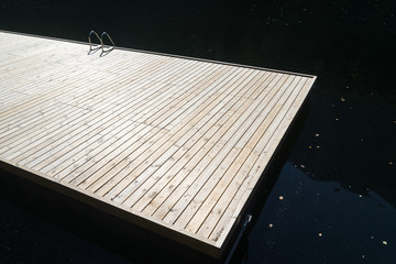 Bridge for swimming. Landscape protection area Achstürze. Lake Piburger See, Tirol oldest nature preserves. Oetz alps, unique cultural mountains landscape. Ötztal valley. © Artenex