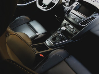 Top view of sport vehicle interior with sport leather seats stock photo
