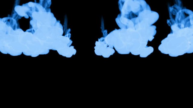 A lot of flows of fluorescent blue ink or smoke, isolated on black in slow motion. Blue paint reacts in water. Use for ink background, ink effects. Alpha channel is on use luma matte as alpha mask