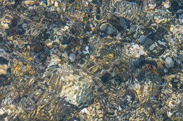 sea pebble beach with multicoloured stones, waves with foam