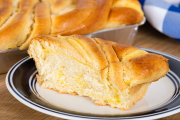 French Brioche. Slice of a sweet bread with vanilla flavor filling.