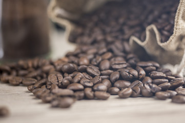 Coffee beans spilled out of the bag