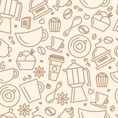 Seamless pattern for coffee theme. Line art draw icons.Vector illustration