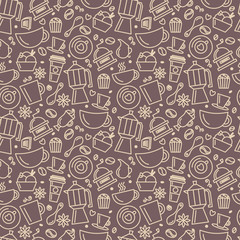 Seamless pattern for coffee theme. Line art draw icons.Vector illustration