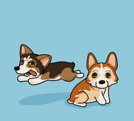 Vector illustration two cute Corgi have fun time in cartoon style