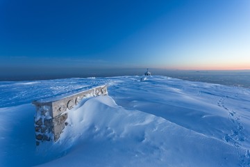 Aerial view of Military war memorial on the summit of Monte Grappa at twilight, Italy