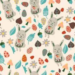 Foto op Canvas Seamless pattern for easter theme with cute cartoon bunny and flowers,eggs and foliage. Vector illustration © UVAconcept