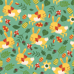 Seamless pattern for easter theme with cute cartoon bunny and flowers,eggs and foliage. Vector illustration
