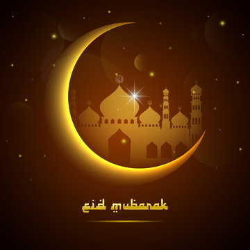 Eid Mubarak beautiful greeting card with moon and silhouette mosque