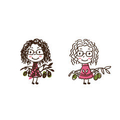 Set of sketch doodle young woman with olive branch. Vector illustration