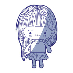 blue shading silhouette of kawaii little girl with long hair and facial expression exhausted vector illustration