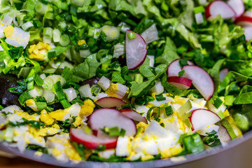 Close up of fresh green lettuce. Pieces of radishes, onions, eggs olives and finely chopped parsley.