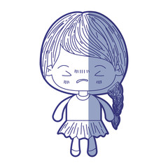blue shading silhouette of kawaii little girl with braided hair and facial expression angry with closed eyes vector illustration