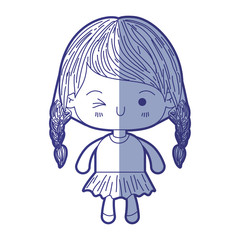 blue shading silhouette of kawaii little girl with braided hair and facial expression wink eye vector illustration