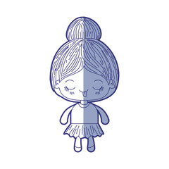 blue shading silhouette of kawaii cute little girl with collected hair and funny facial expression vector illustration