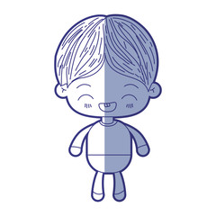 blue shading silhouette of kawaii little boy with facial expression laughing vector illustration