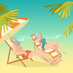 Elderly couple relaxing and sunbathing on the beach. Funny characters in the cartoon style.