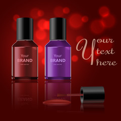 Round red glossy nail polish bottle with black cap. Realistic packaging mockup template. Front view.