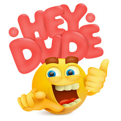 Yellow emoticon cartoon character with hey dude title